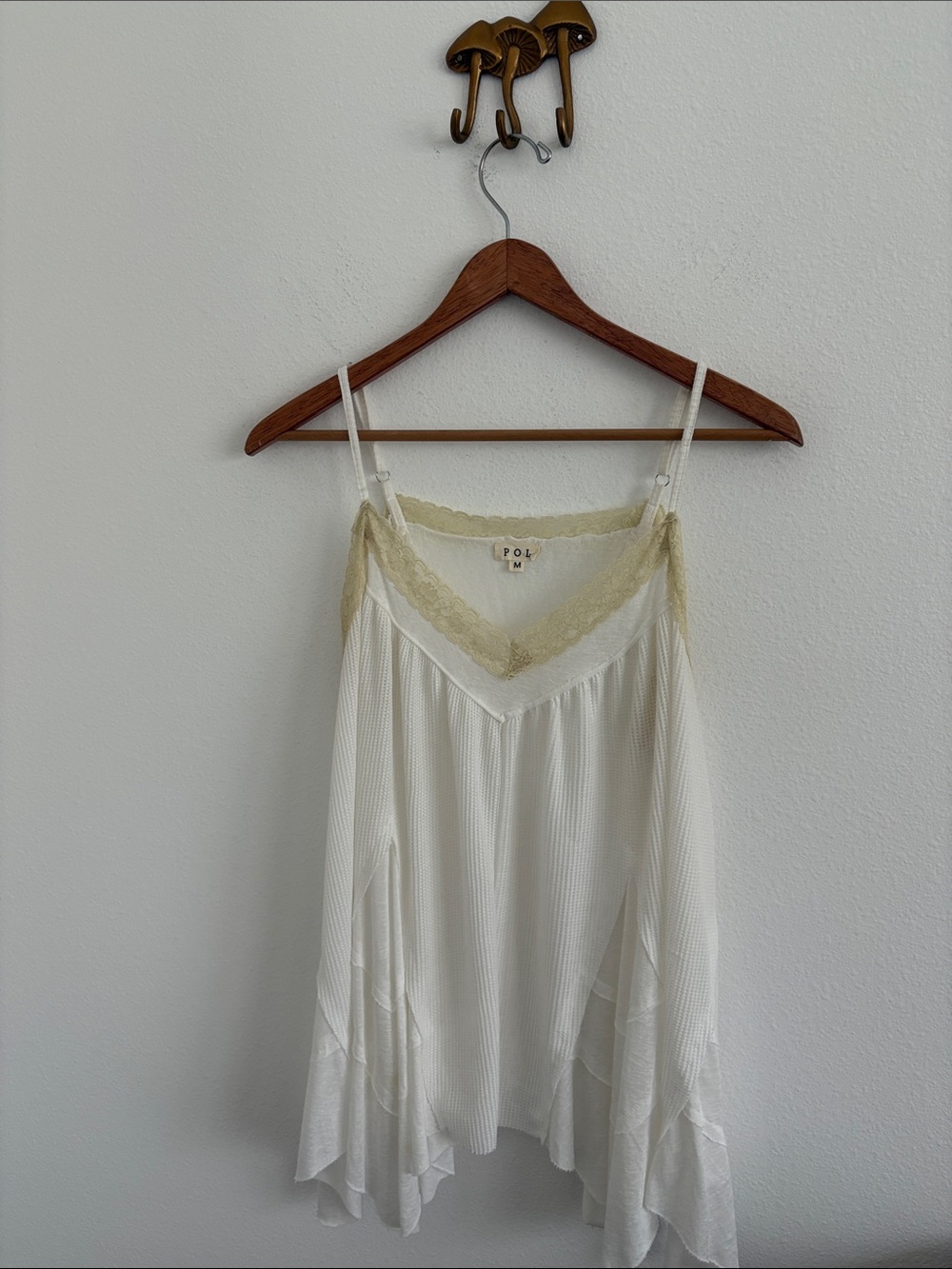 POL White waffle knit Lace Trim Cami Top M Boho Coquette Cottagecore